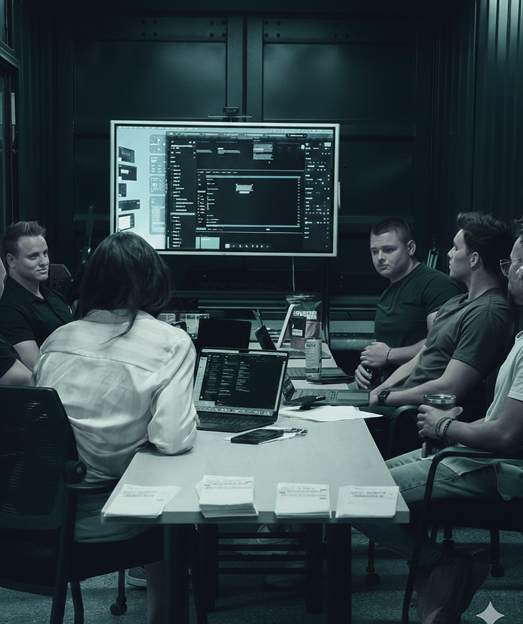 Team meeting around a table with a large screen showing a software interface in a dark room
