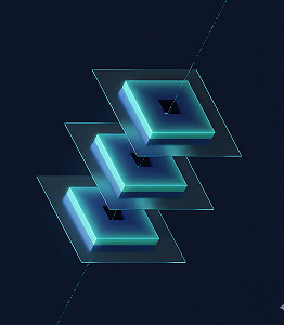 Glowing teal 3D stacked cubes on a dark blue background