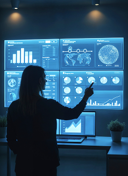Woman pointing at a large data dashboard wall with charts and maps in a dark room