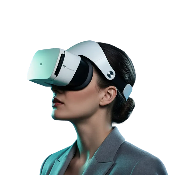Woman in a suit wearing a white VR headset