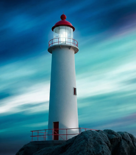 White lighthouse with a red top glowing on rocky ground under a dramatic teal sky
