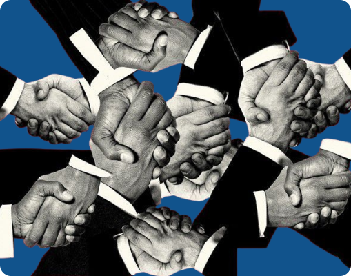 Collage of multiple handshakes in black and white on a blue background
