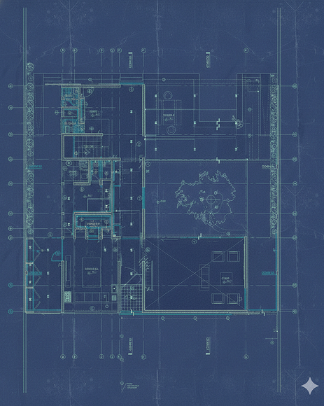Architectural floor plan blueprint with teal lines on dark blue background