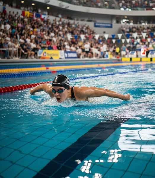 Female swimmer performing butterfly stroke in a competitive pool with a packed stadium crowd