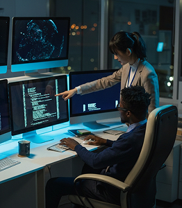 Two professionals working at multiple monitors displaying code and data in a dark office