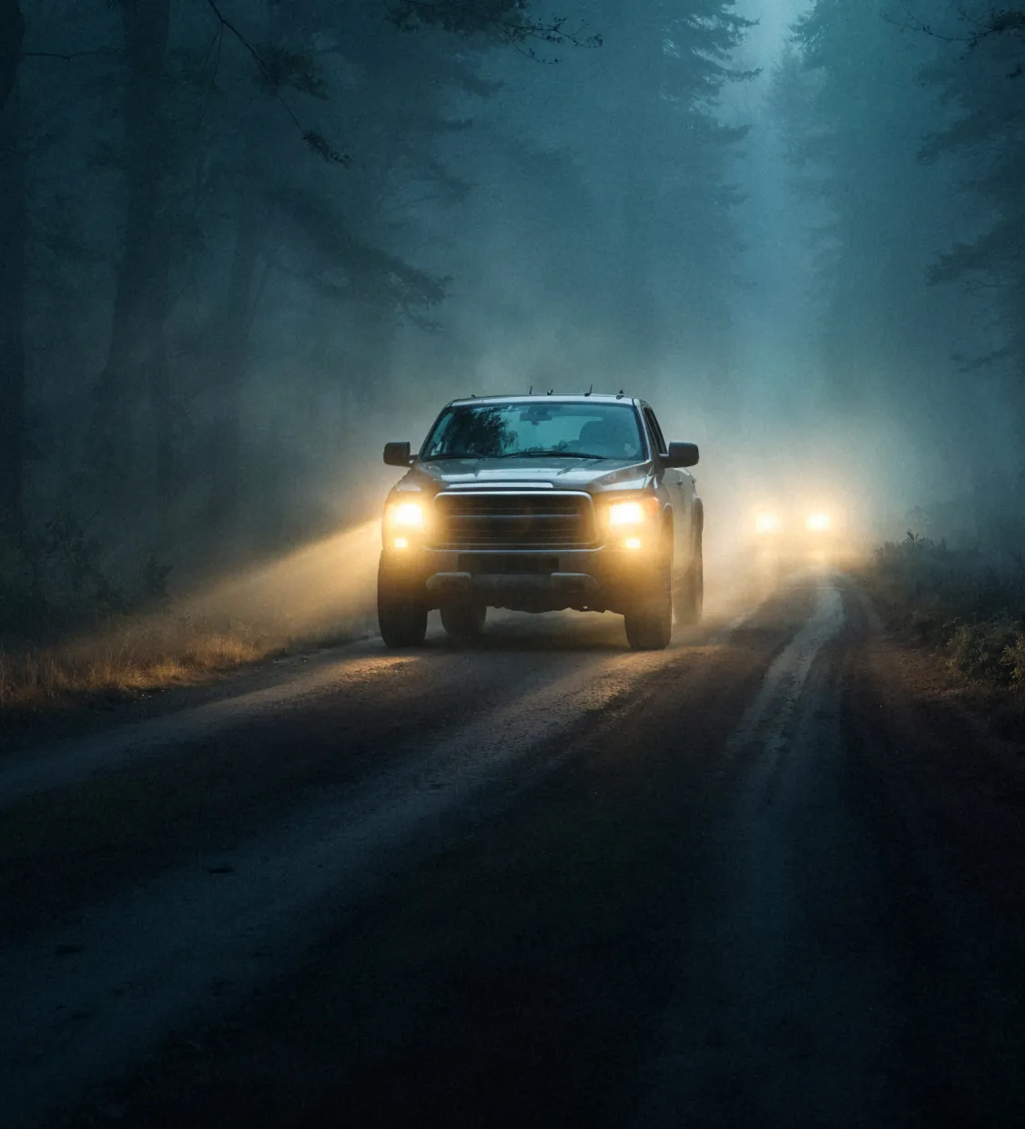 Truck driving through a dark foggy forest at night