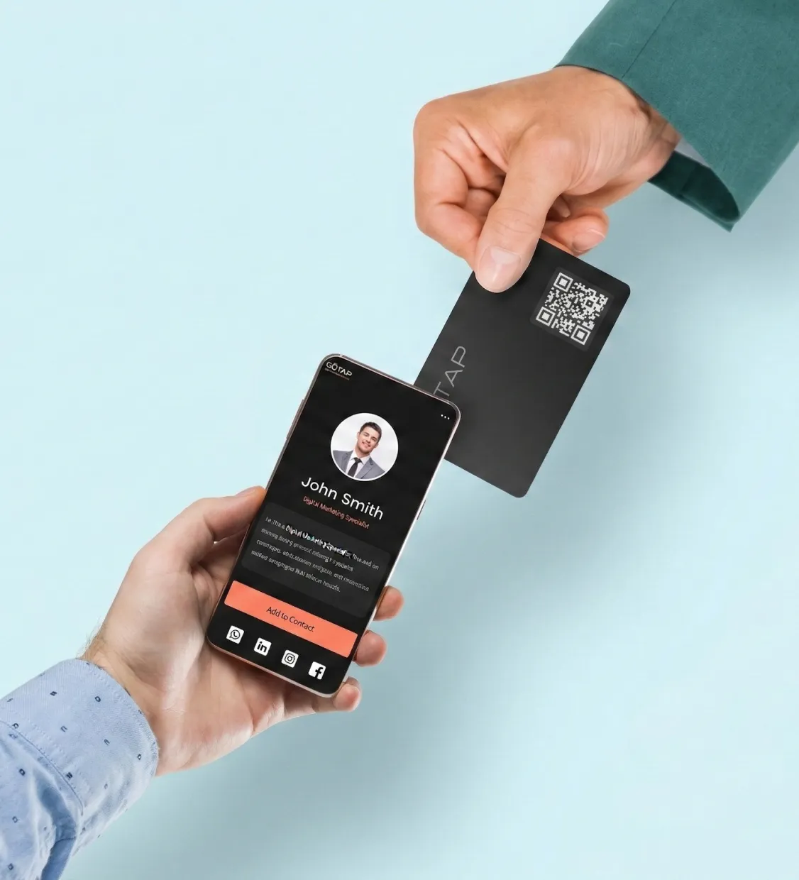 NFC digital business card tapped to a smartphone displaying a digital profile