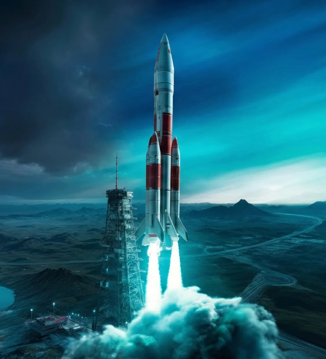 Rocket launching from pad with smoke and flames against a dramatic teal sky
