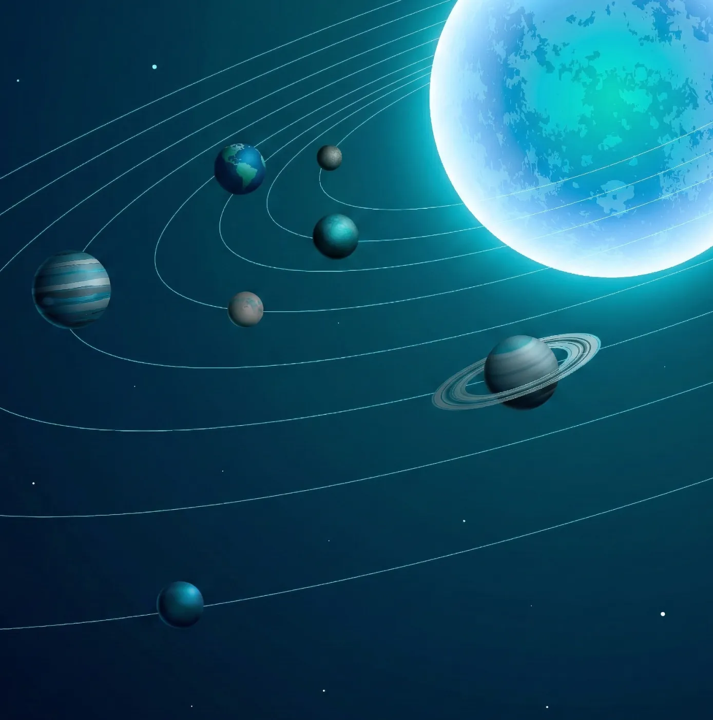 Digital illustration of solar system planets orbiting a glowing teal star