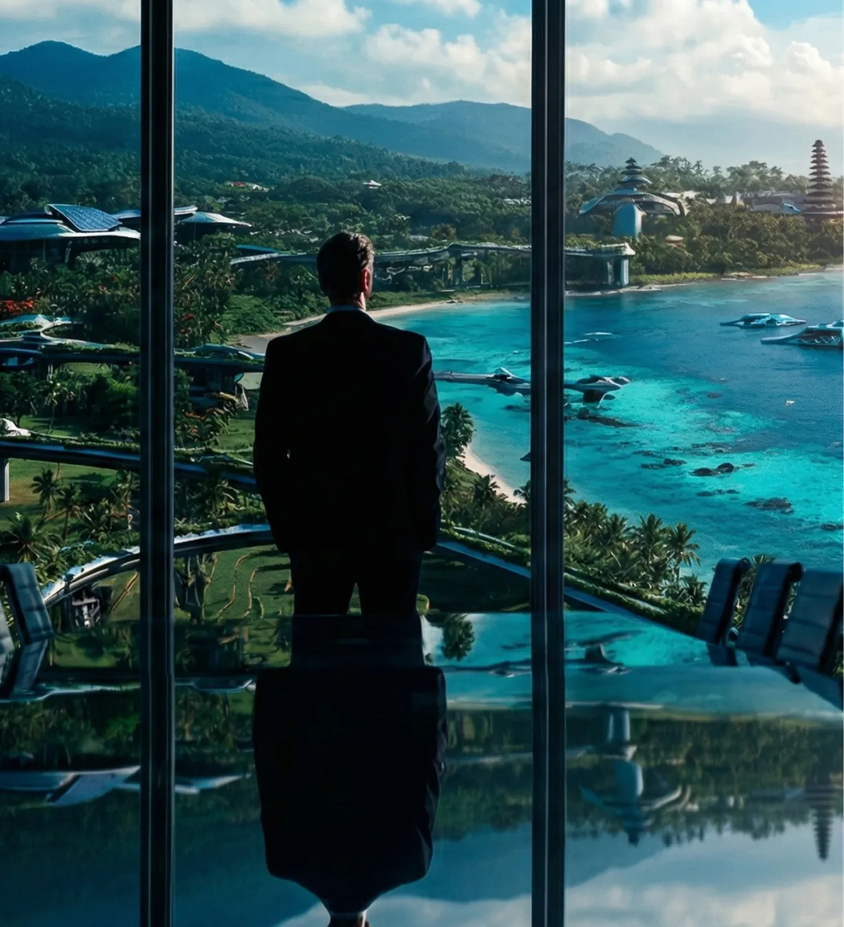 Business professional overlooking a futuristic tropical city from a high-rise office