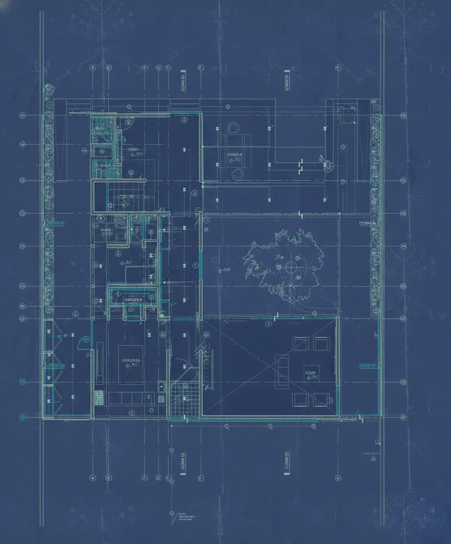 Architectural floor plan blueprint with teal lines on dark blue background