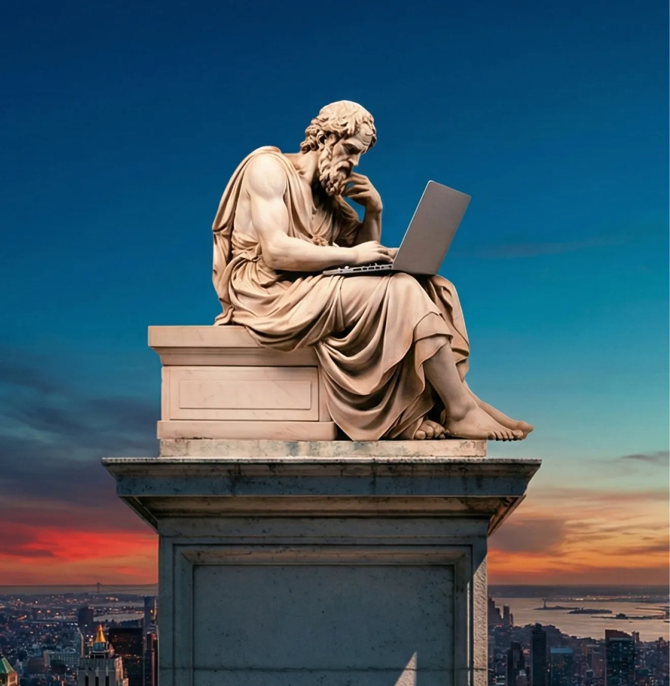 Classical philosopher statue using a laptop above a modern cityscape