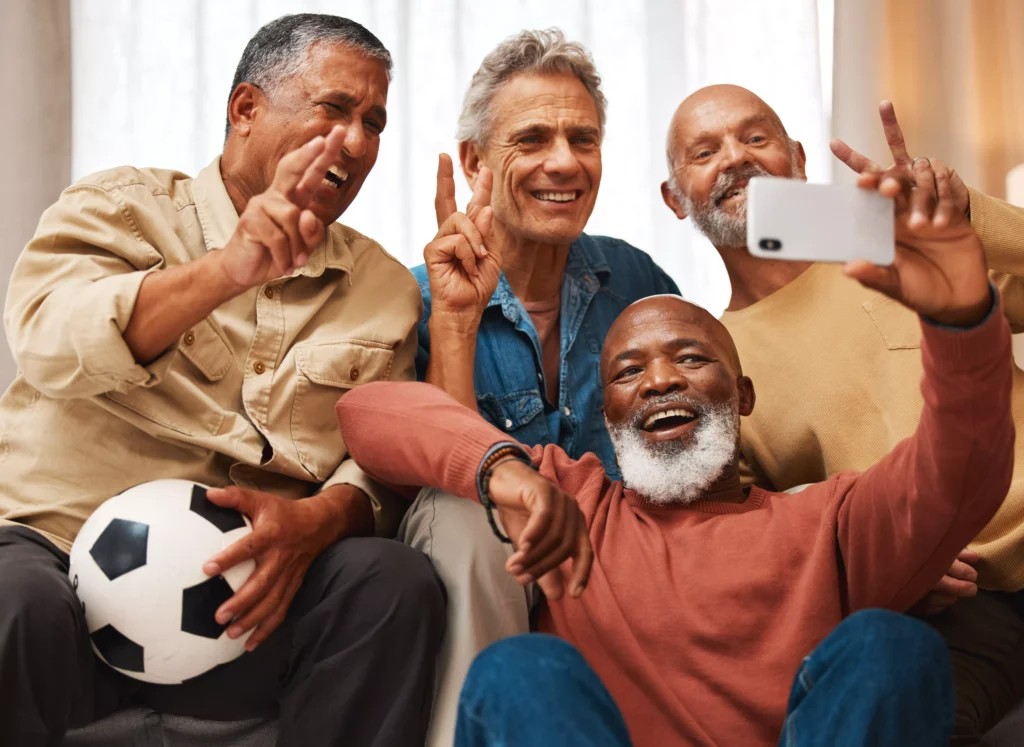 selfie-men-and-senior-friends-with-peace-sign-in