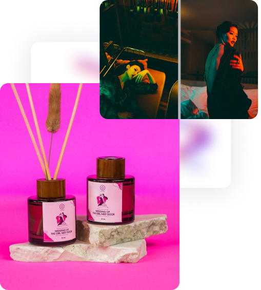 Two different pictures show a model posing for a photo shooting session and a photo product.