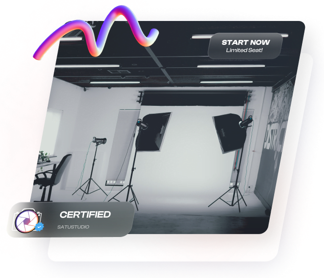 A photo studio Bali equipped with two soft box lighting, a camera floor lamp lighting, and white background support kit.